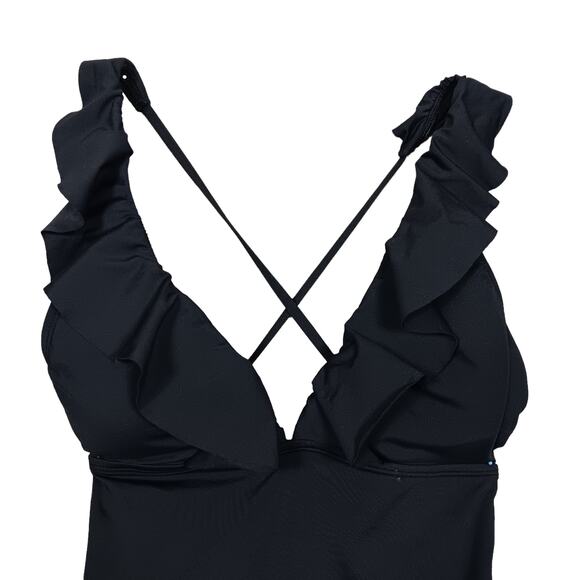 Black One Piece Bathing Suit Size Large Flared V Neckline Criss Cross Back - Picture 2 of 5